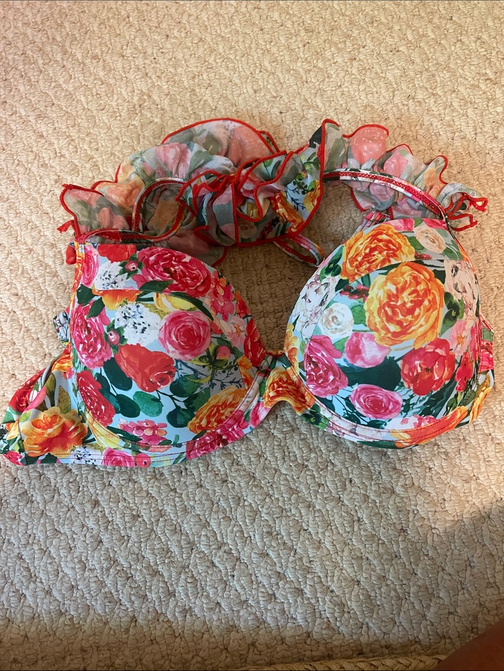 SHEIN Floral Ruffle Underwire Swim Bra - Bright Green, Red, Yellow, Pink